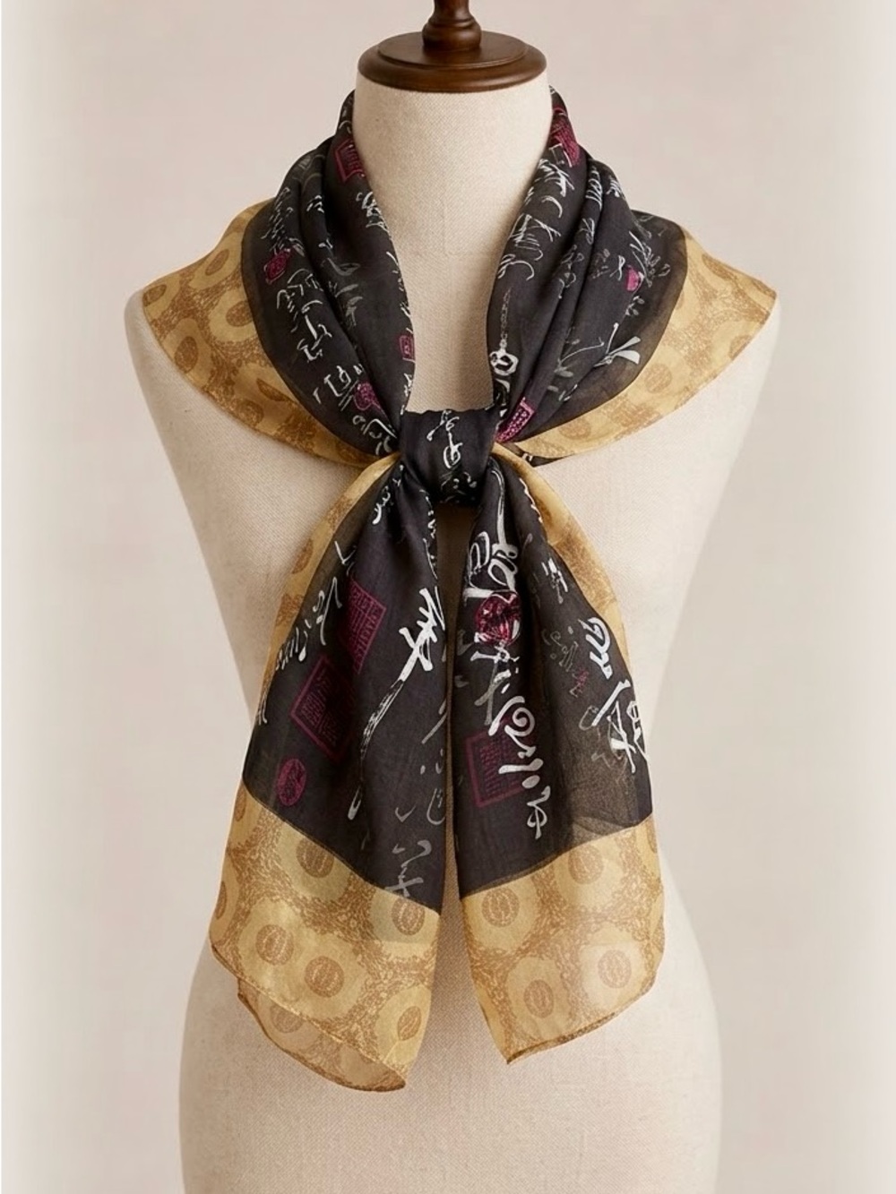 Asian Calligraphy Print Sheer Scarf Black & Gold Rectangular Wrap